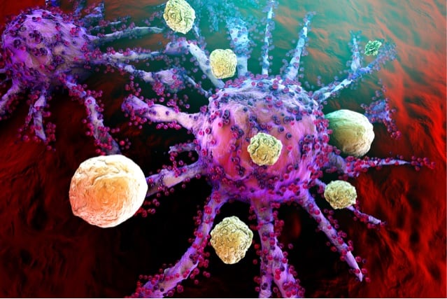 T-Cells of the immune system attacking growing cancer cells.