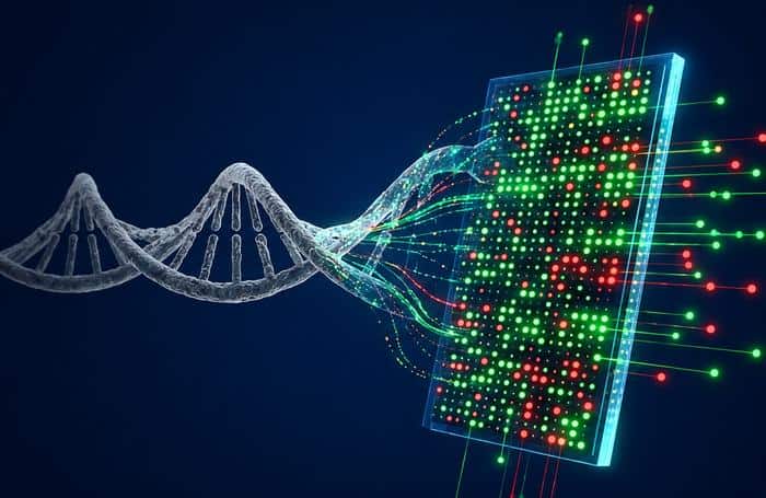 Illustration of the new blood test, which uses a DNA chip to detect the tumor’s biological fingerprint.