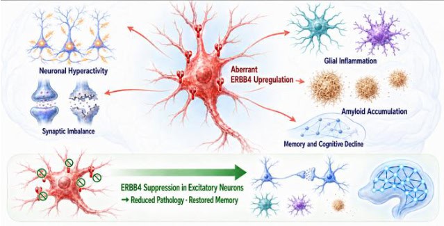 Excitatory neuronal ERBB4 as a common driver of Alzheimer’s disease pathology (illustratiion).