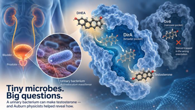 A bacterium isolated from the human urinary tract can convert DHEA into testosterone (illustration).